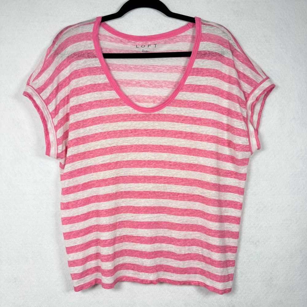 LOFT Linen Pink White Striped Short Sleeve Scoop Neck Top Large - Picture 2 of 7